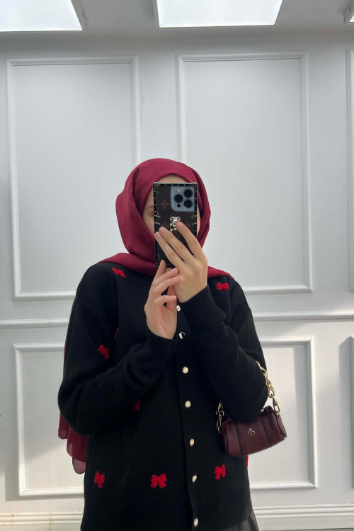 Sare Fashion Bow Embroidered Knit Cardigan Black