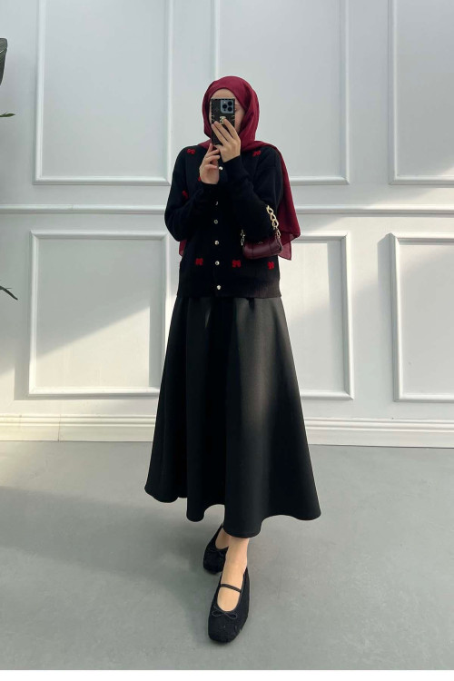 Sare Fashion Bow Embroidered Knit Cardigan Black