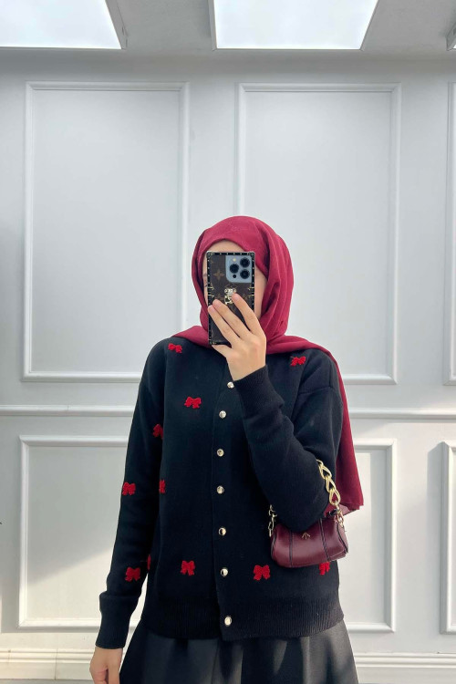 Sare Fashion Bow Embroidered Knit Cardigan Black