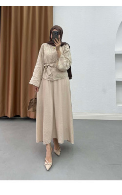 Sare Fashion Flora Patterned Relief Embroidered Belted Suit, Mink Color