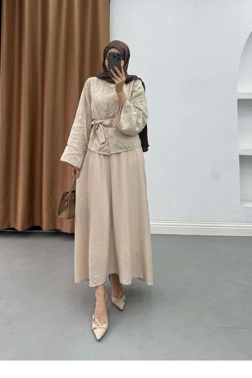 Sare Fashion Flora Patterned Relief Embroidered Belted Suit, Mink Color