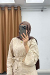 Sare Fashion Flora Patterned Relief Embroidered Belted Suit, Mink Color
