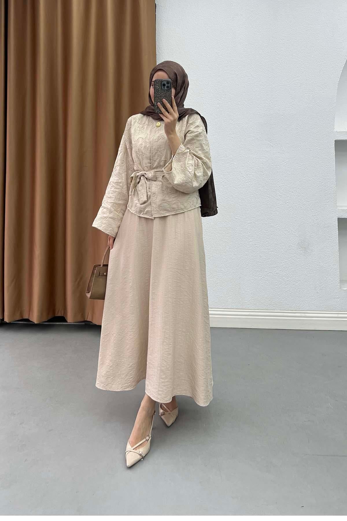 Sare Fashion Flora Patterned Relief Embroidered Belted Suit, Mink Color