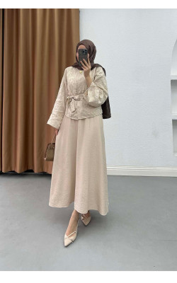 Sare Fashion Flora Patterned Relief Embroidered Belted Suit, Mink Color