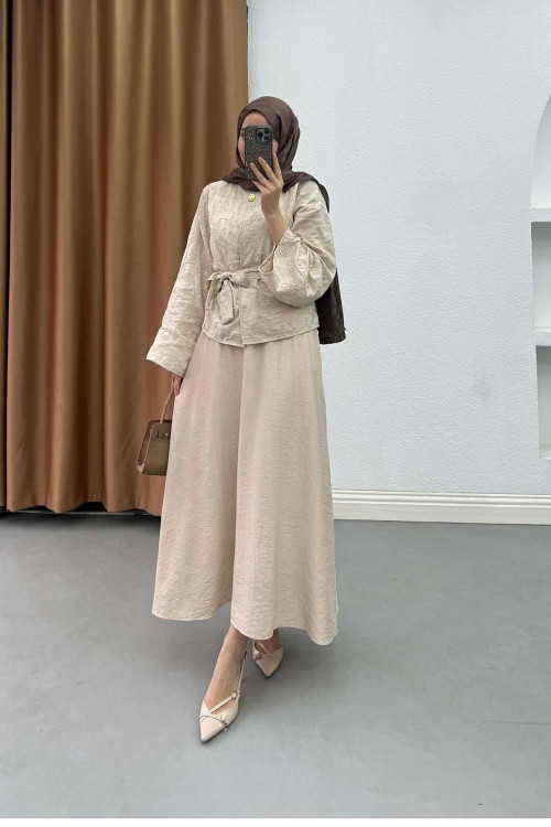 Sare Fashion Flora Patterned Relief Embroidered Belted Suit, Mink Color