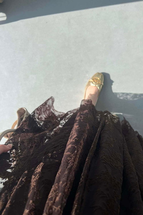 Sare Fashion Floral Embroidered Tulle Skirt in Brown