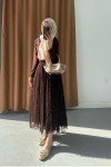 Sare Fashion Floral Embroidered Tulle Skirt in Brown