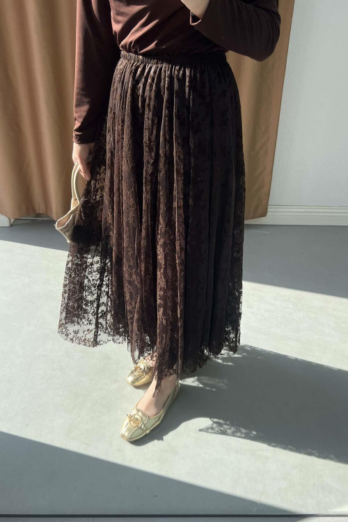 Sare Fashion Floral Embroidered Tulle Skirt in Brown