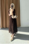 Sare Fashion Floral Embroidered Tulle Skirt in Brown