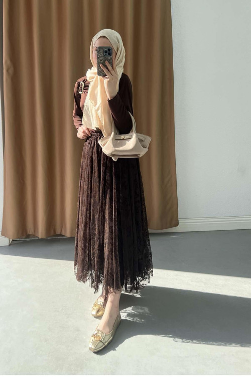Sare Fashion Floral Embroidered Tulle Skirt in Brown