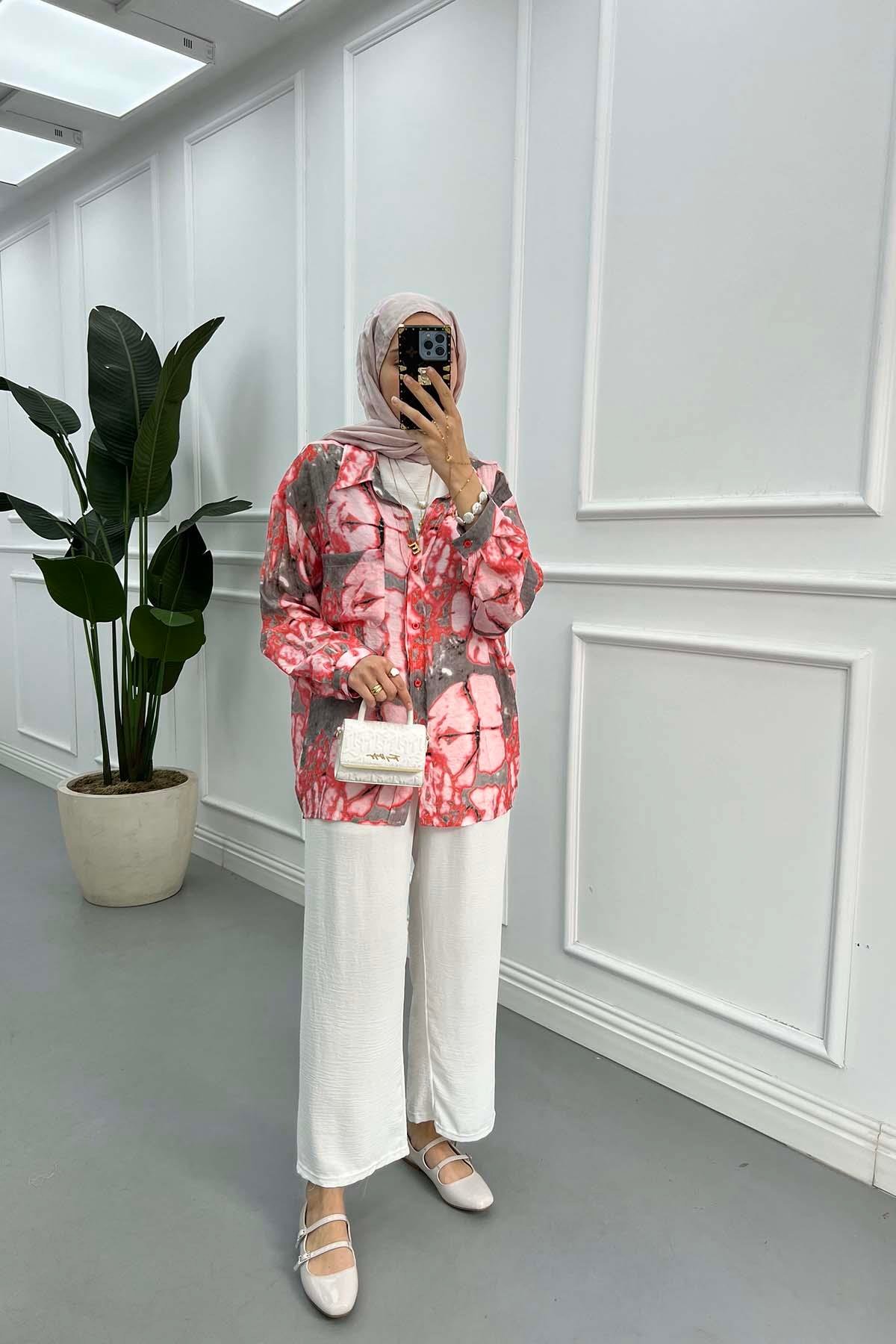 Sare Fashion Wide Collar Patterned Shirt Pink