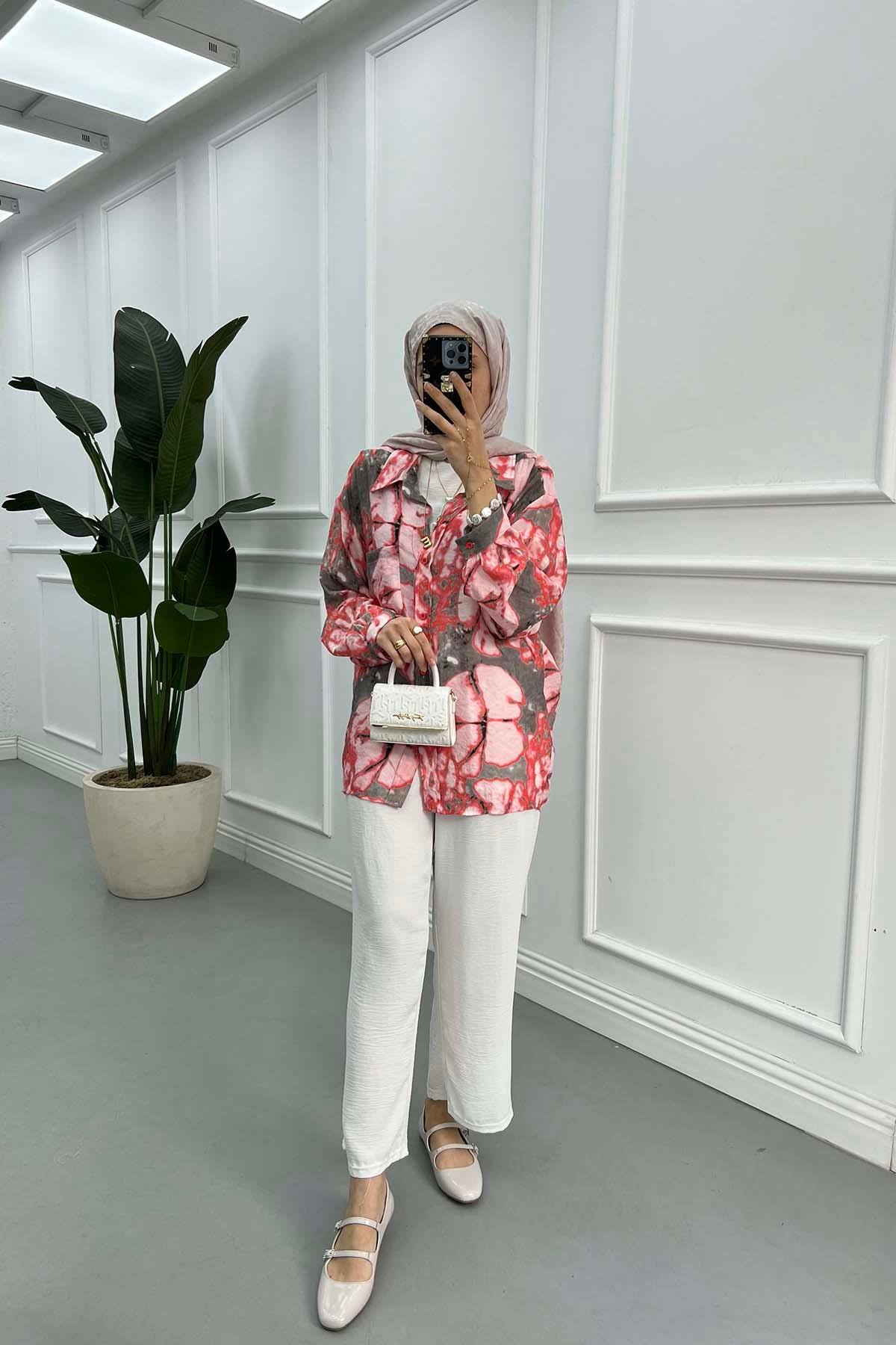 Sare Fashion Wide Collar Patterned Shirt Pink