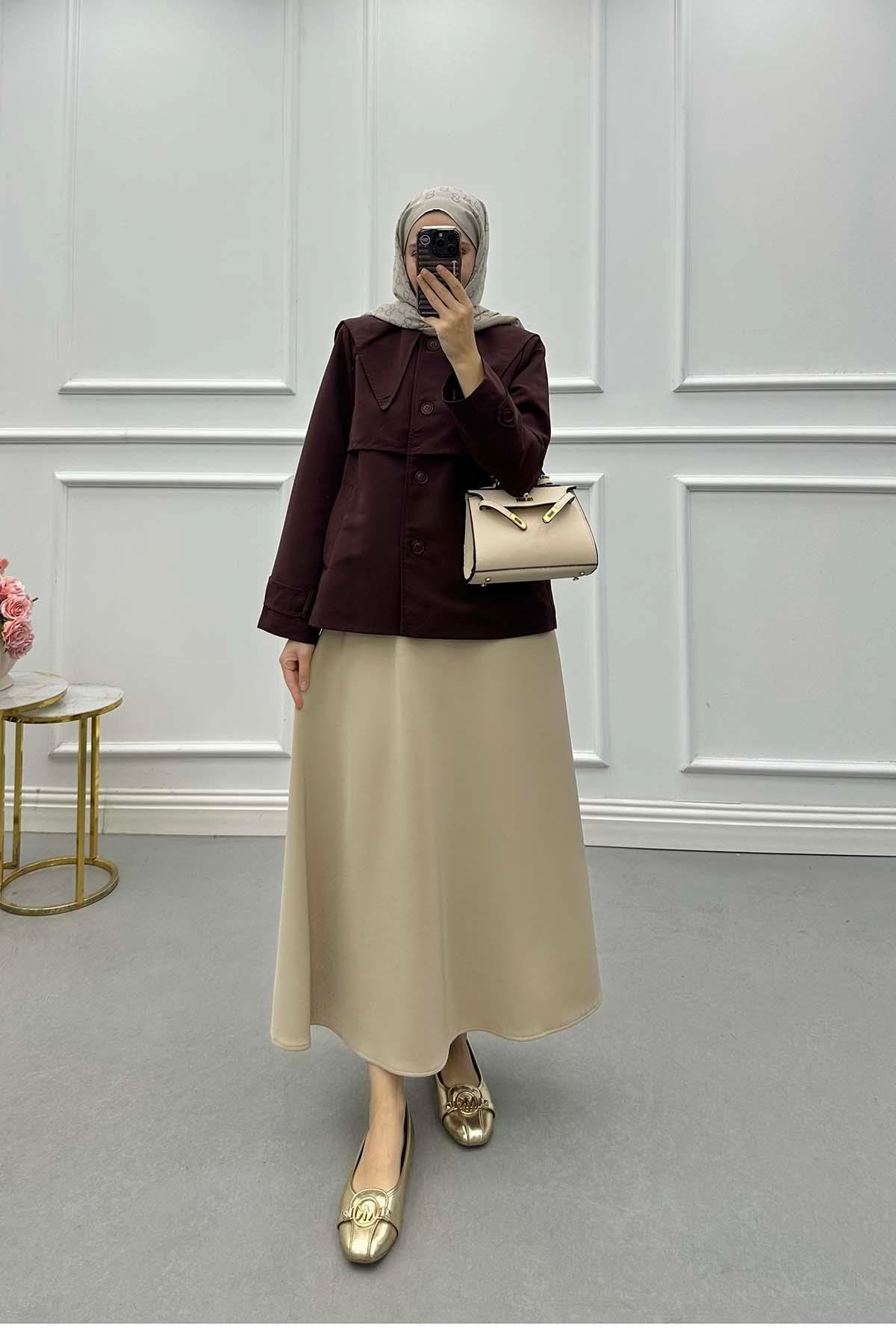 Sare Fashion Wide Collar Short Trench Coat Burgundy