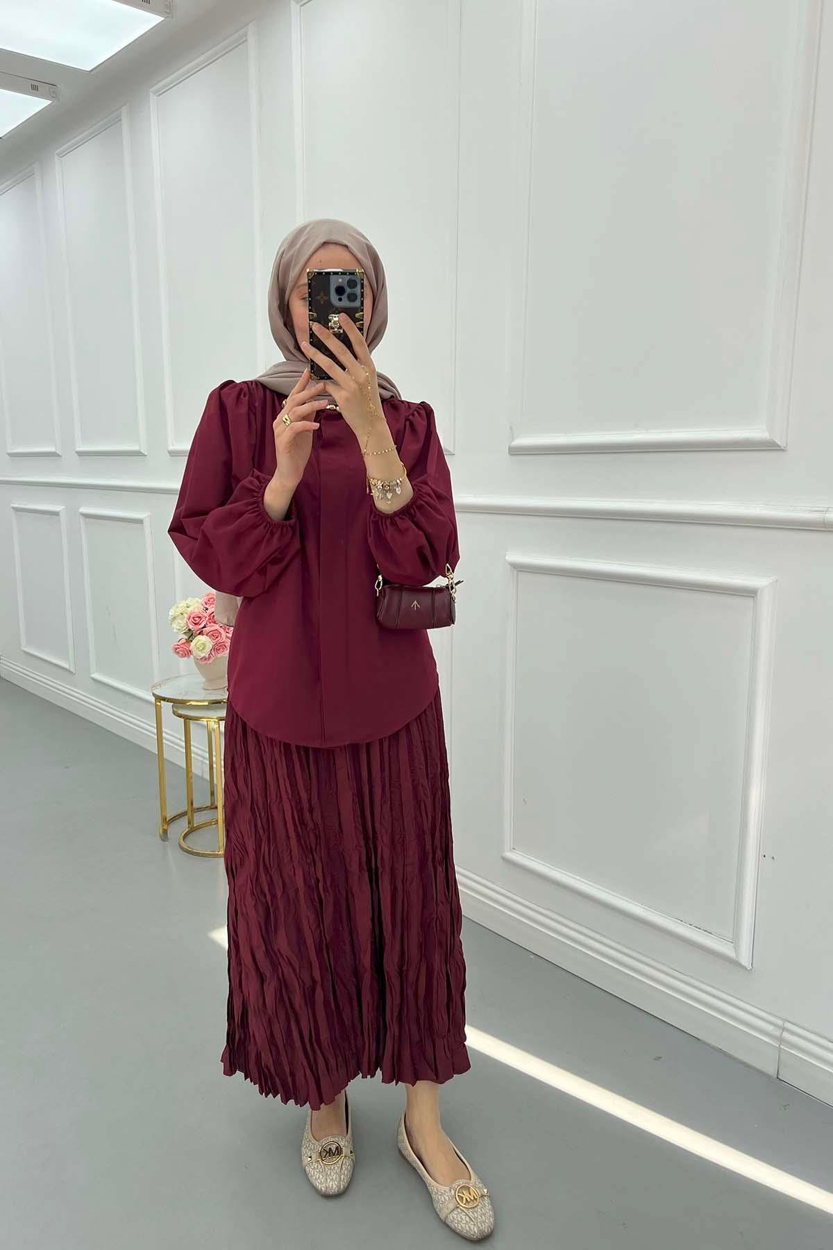 Sare Fashion Hidden Button Balloon Sleeve Shirt Claret Red