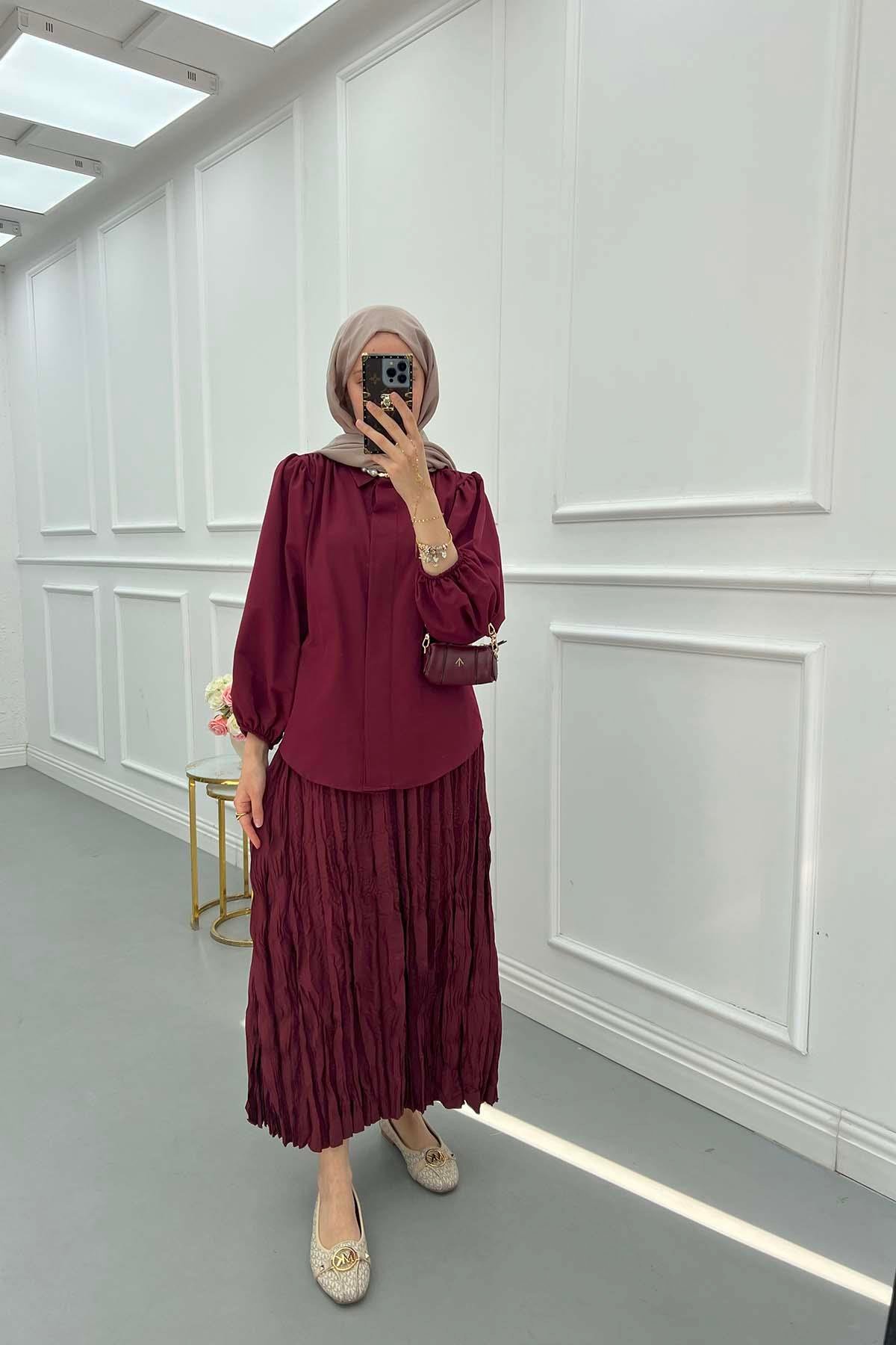 Sare Fashion Hidden Button Balloon Sleeve Shirt Claret Red