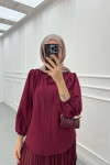 Sare Fashion Hidden Button Balloon Sleeve Shirt Claret Red