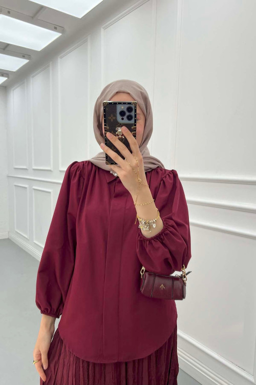 Sare Fashion Hidden Button Balloon Sleeve Shirt Claret Red