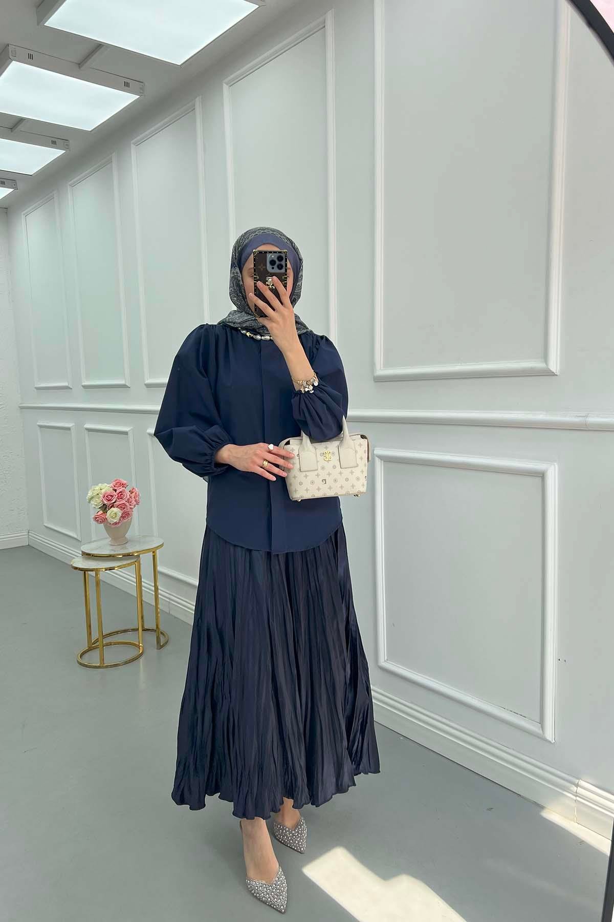 Sare Fashion Hidden Button Balloon Sleeve Shirt Navy Blue