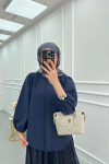 Sare Fashion Hidden Button Balloon Sleeve Shirt Navy Blue