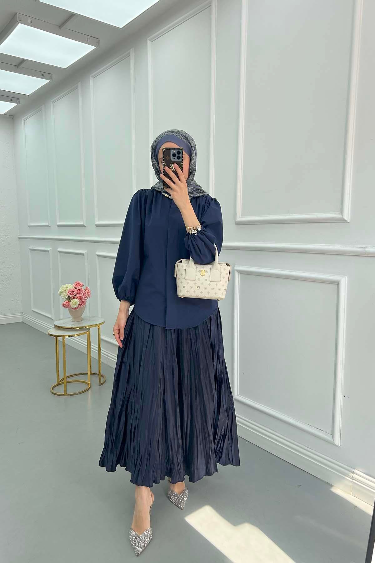 Sare Fashion Hidden Button Balloon Sleeve Shirt Navy Blue