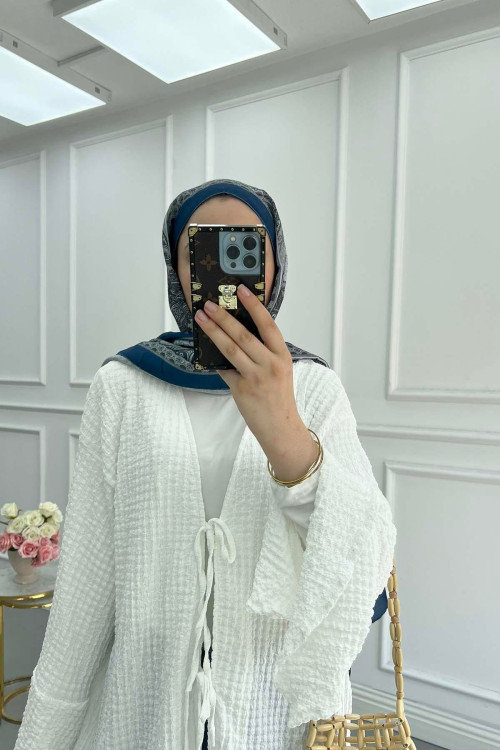 Sare Fashion White Seersucker Patterned Tied Kimono