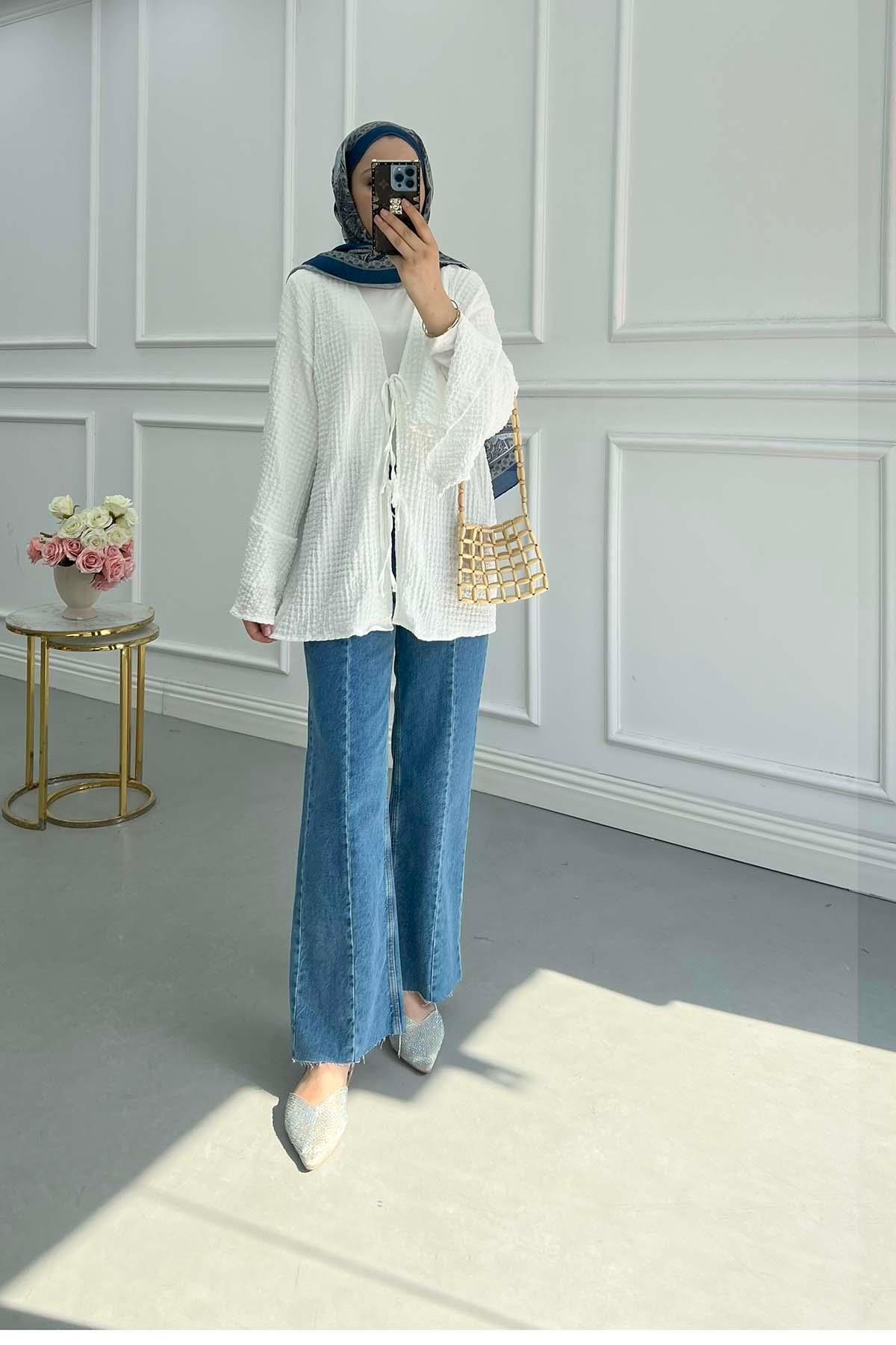 Sare Fashion White Seersucker Patterned Tied Kimono
