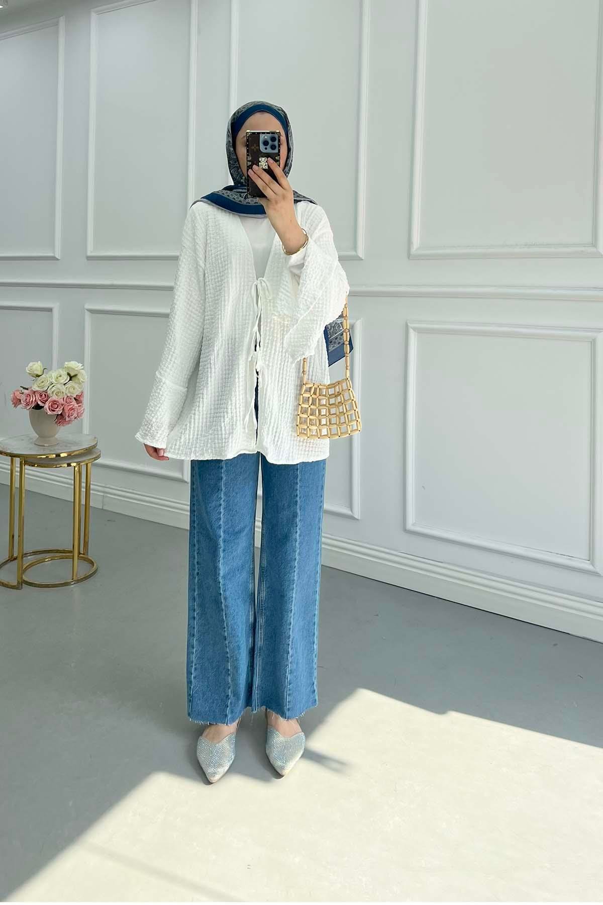 Sare Fashion White Seersucker Patterned Tied Kimono