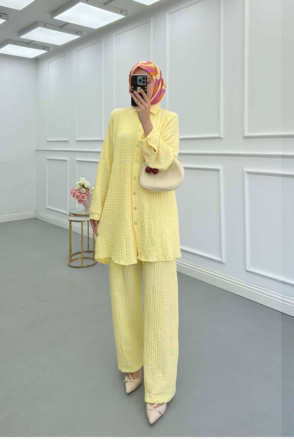 Sare Fashion Embossed Patterned Two Piece Suit Yellow