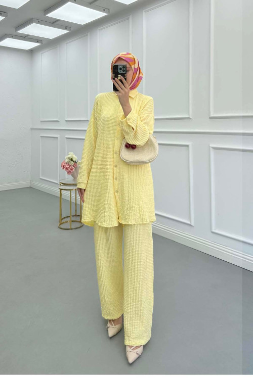 Sare Fashion Embossed Patterned Two Piece Suit Yellow