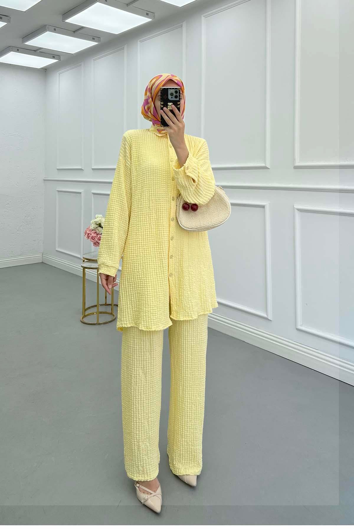 Sare Fashion Embossed Patterned Two Piece Suit Yellow