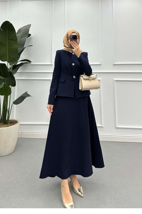 Sare Fashion Gold Buttoned (Lined) Skirt Suit Navy Blue Sare Fashion Gold Buttoned (Lined) Skirt Suit Navy Blue