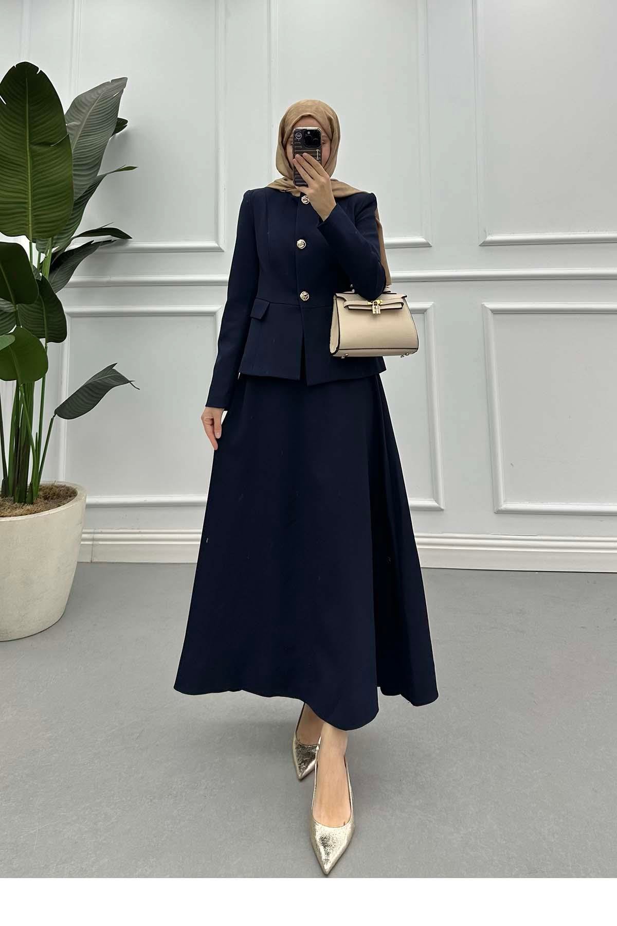 Sare Fashion Gold Buttoned (Lined) Skirt Suit Navy Blue