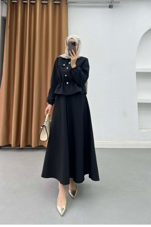 Sare Fashion Mango Set with Gold Buttons and Peter Pan Collar, Black