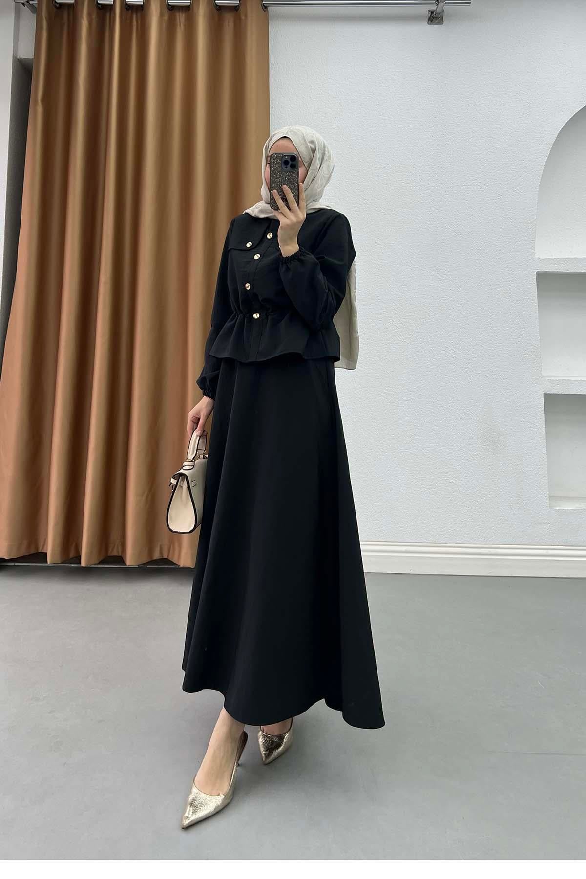 Sare Fashion Mango Set with Gold Buttons and Peter Pan Collar, Black