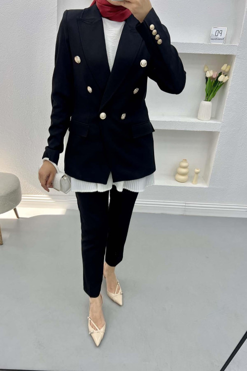 Gold Buttoned Jacket Set Black