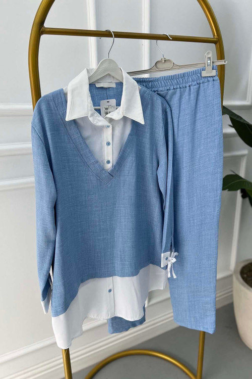 Shirt Detailed Suit Light Blue