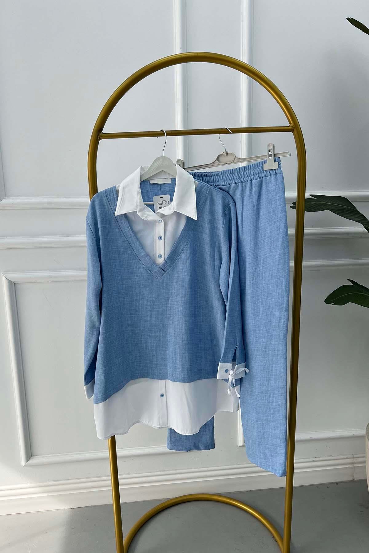 Shirt Detailed Suit Light Blue
