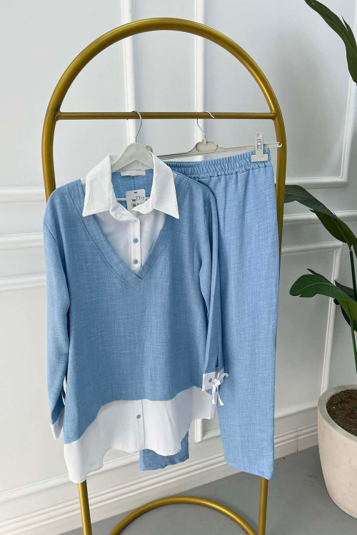 Shirt Detailed Suit Light Blue