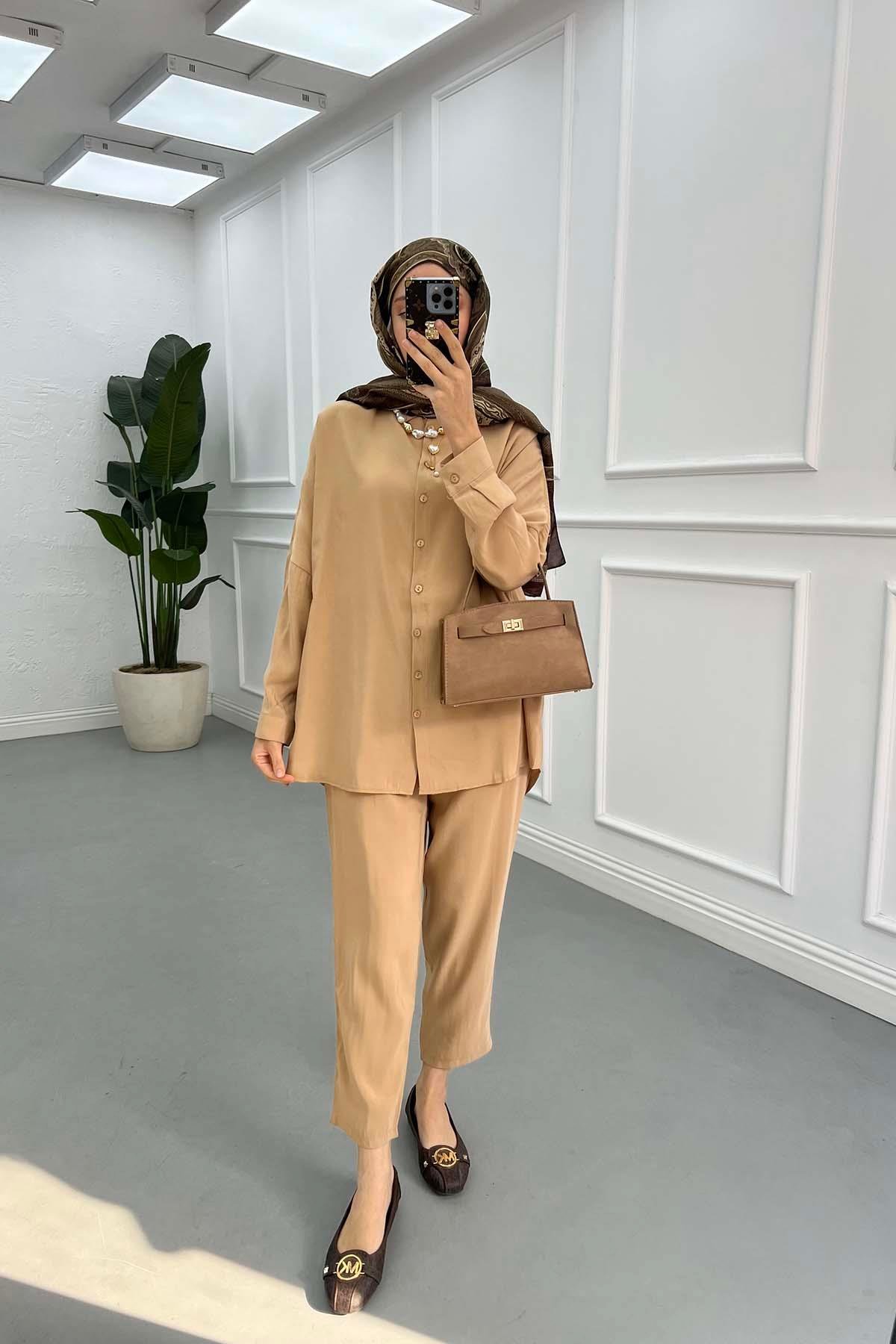 Sare Fashion Shirt Trousers Set Camel