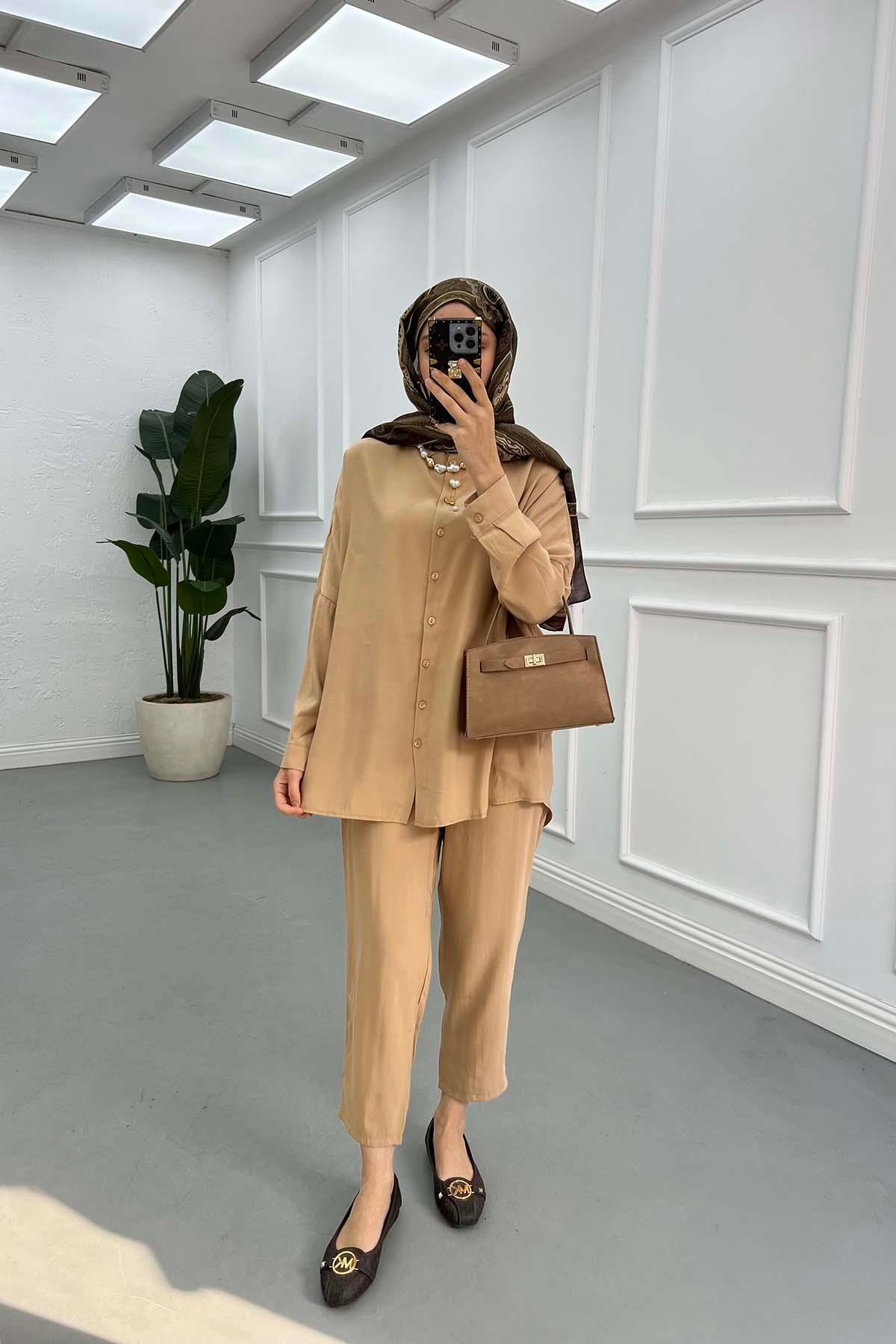 Sare Fashion Shirt Trousers Set Camel