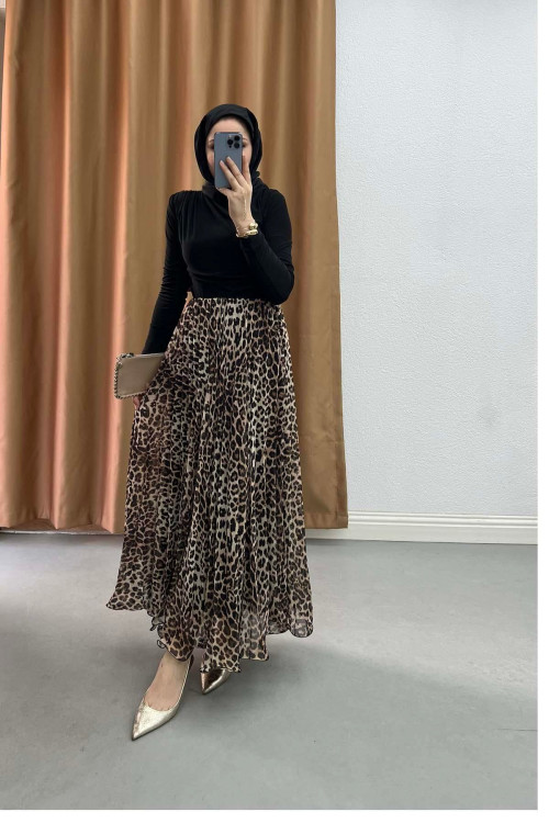 Sare Fashion Grosgrain Cut Leopard Print Chiffon Skirt Leopard