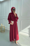 Textured Dress with Rose Brooch, Claret Red