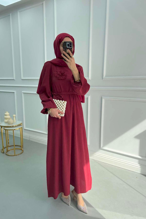 Textured Dress with Rose Brooch, Claret Red