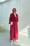 Textured Dress with Rose Brooch, Claret Red