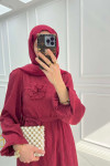 Textured Dress with Rose Brooch, Claret Red