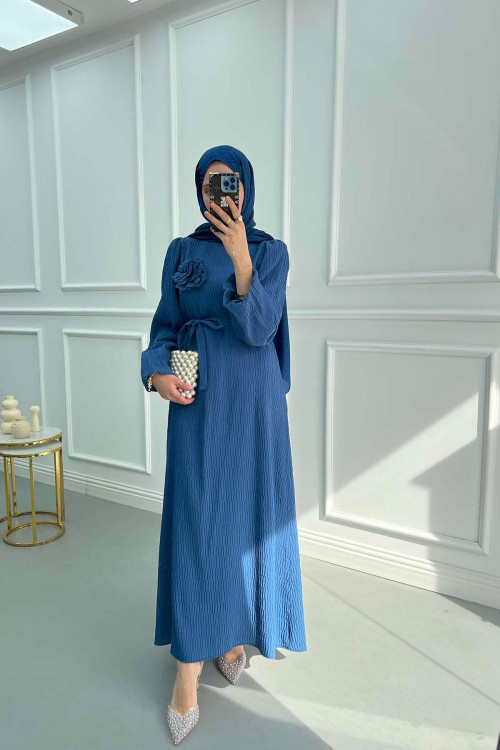 Textured Dress with Rose Brooch Indigo