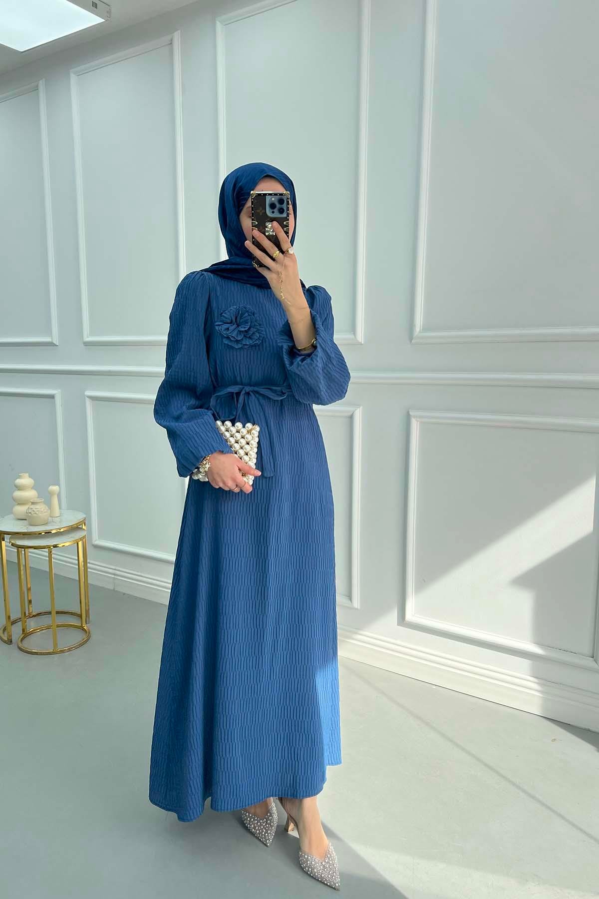 Textured Dress with Rose Brooch Indigo