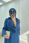 Textured Dress with Rose Brooch Indigo