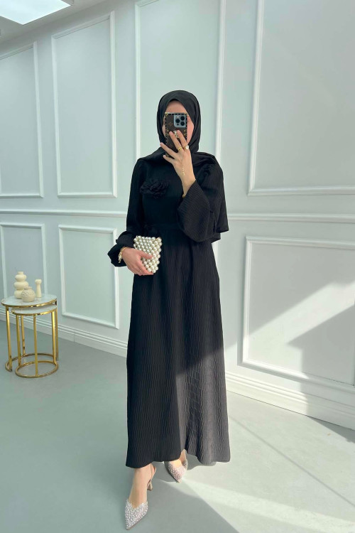 Textured Dress with Rose Brooch Black