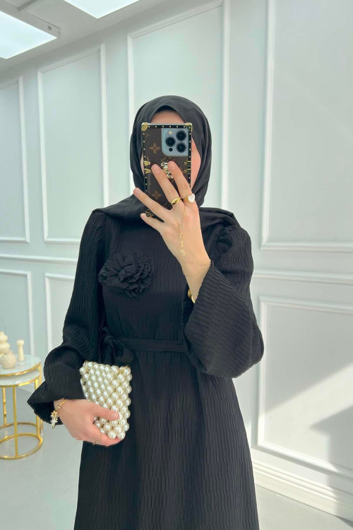 Textured Dress with Rose Brooch Black